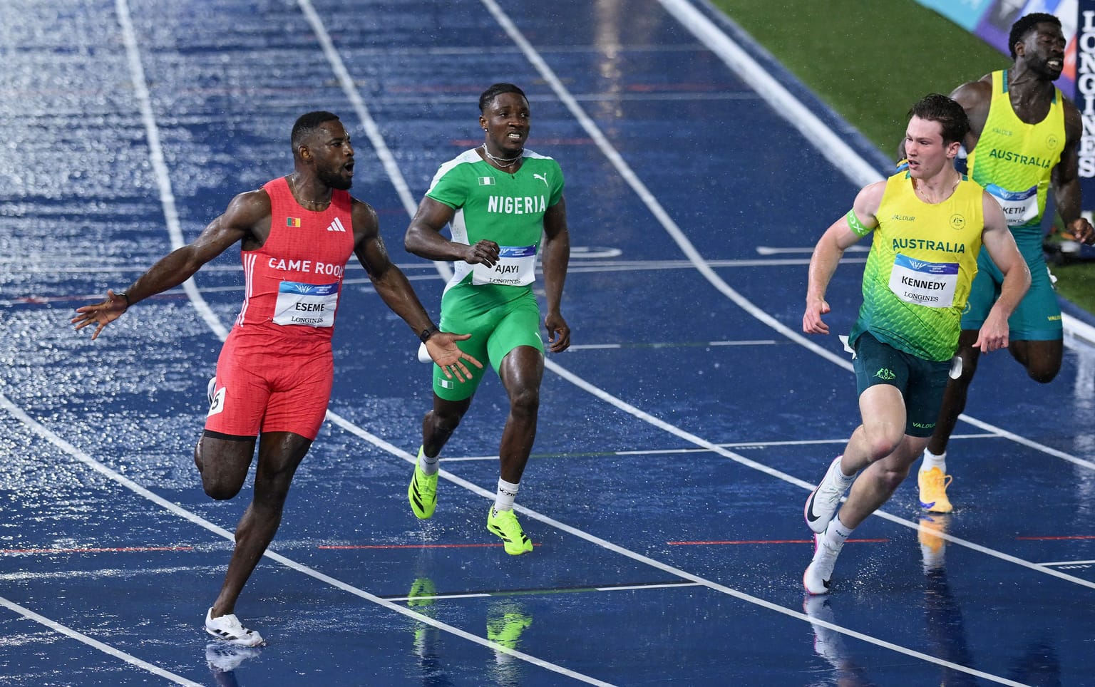 Eseme runs record-breaking 9.83 in the rain to win 100m gold in Glasgow:
Cameroon’s Emmanuel Eseme powered to a Commonwealth Games record of 9.83 to win the 100m in Glasgow on Tuesday